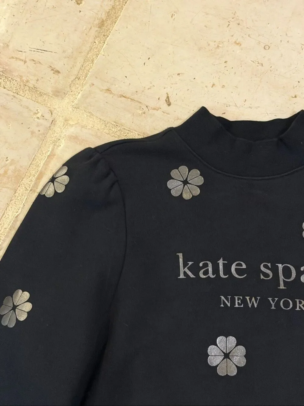 Kate Spade, New York flower sweatshirt, black with metallic silver flowers in si
